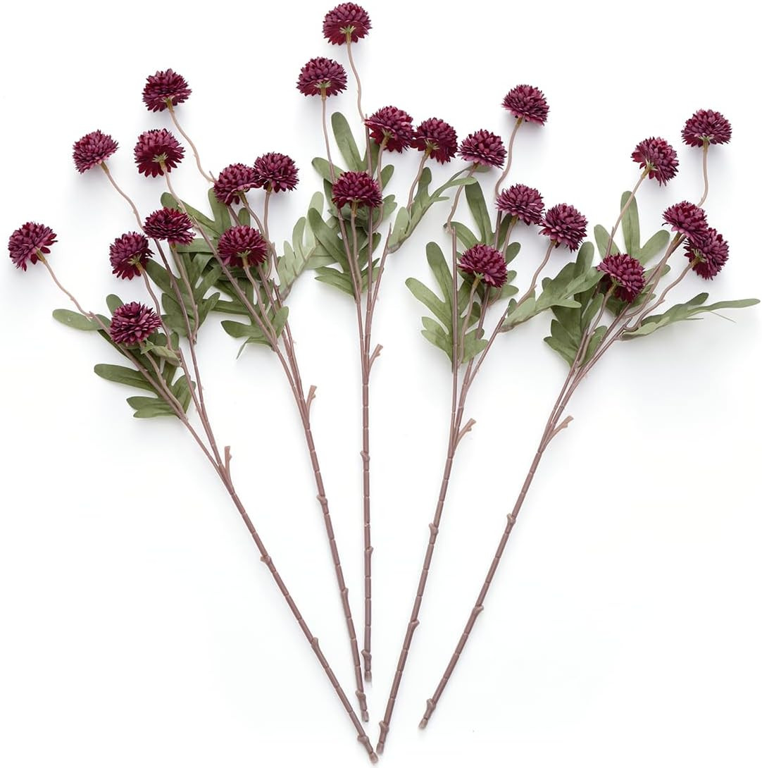 Laelfe 5Pcs Burgundy Flowers Artificial Pompon Mum, Fake Kiku Flowers Silk Small Mini Chrysanthemum Ball Faux Mum Decor for Autumn Filler DIY Bouquet Centerpieces Arrangements Shower(Burgundy) | Amazon (US)