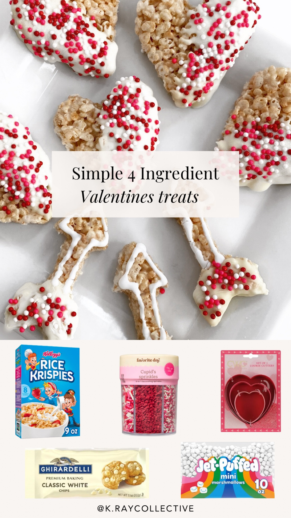 I hardly bake, but I can totally do rice krispy treats.  All you need is rice, crispies, marshmallows, and for these I dipped in white chocolate and added sprinkles. I think the white Ghirardelli chocolate chips are the best.  All the ingredients are linked.

#ValentinesTreats #ValentinesFood #ValentinesDay #ValentinesDIY

#LTKHome #LTKParties #LTKFamily