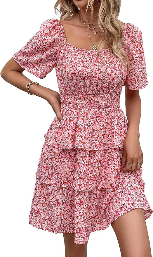 PRETTYGARDEN Women's 2026 Floral Summer Short Dress Square Neck Short Sleeve Tiered Ruffle Boho S... | Amazon (US)