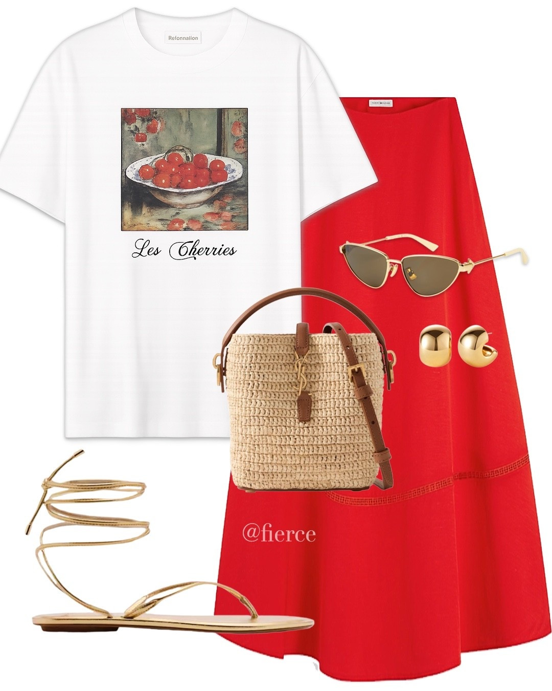 Red midi skirt printed tshirt gold tie up sandals Ysl raffia bag

#LTKuk #LTKsummer #LTKeurope