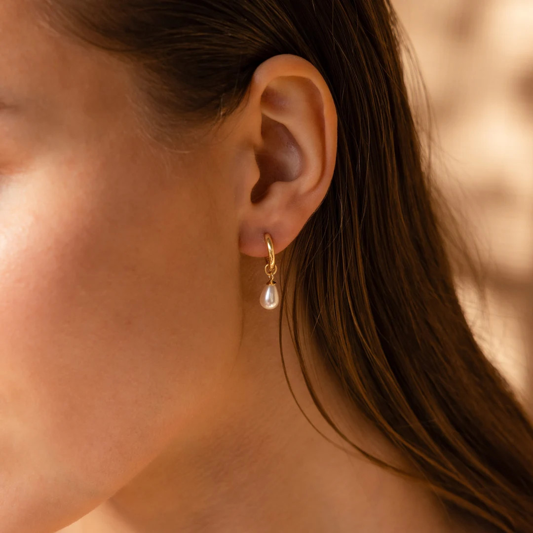 Pearl Tear Drop Hoops by Caitlyn Minimalist • Dangling Pearl Earrings • Gold Huggie Earrings ... | Etsy (US)