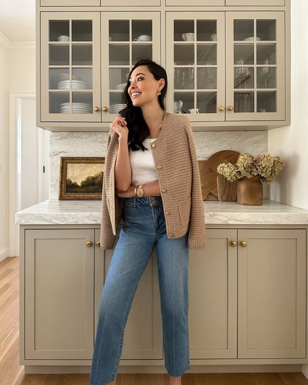 Kat Jamieson wears a classic cardigan. Kitchen, farmhouse kitchen, decor, cabinets, hardware, Connecticut, sweater, spring outfit. 

#LTKworkwear #LTKSpringSale #LTKSeasonal