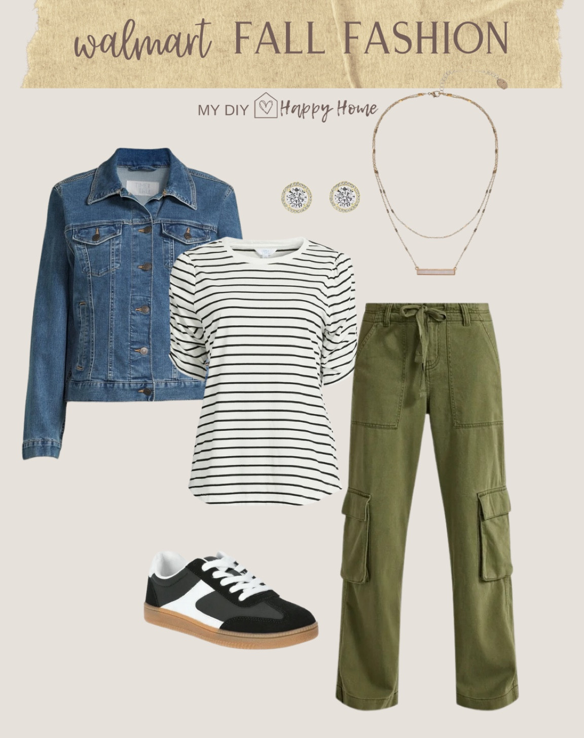 Fall fashion from @walmart 

Cargo pants 
Striped top with ruched sleeves 
Denim jacket 
Sneakers 
Earrings
Necklace 

#LTKShoeCrush #LTKMidsize #LTKFindsUnder50