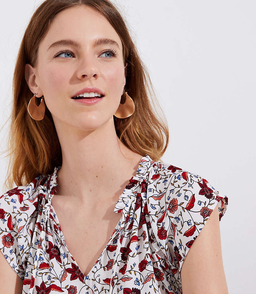 Floral Sprinkle Ruffle Tie Neck Top | LOFT