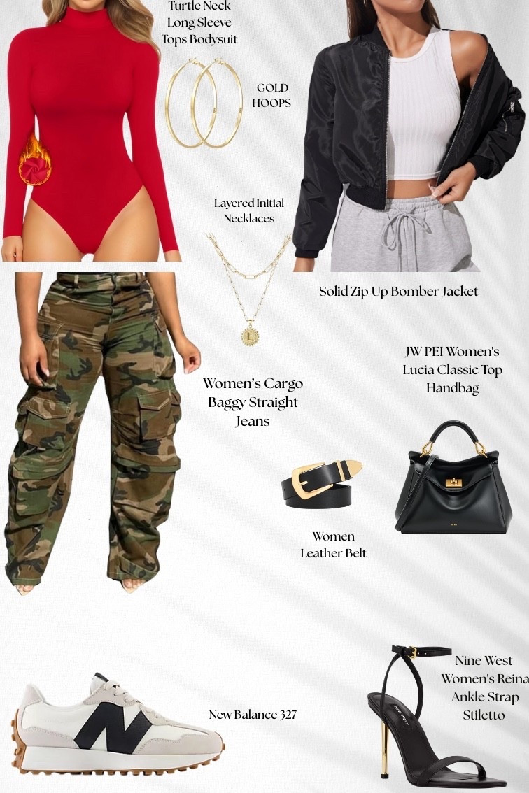 Cute elevated outfit! Cargo pants, red bodysuit turtleneck, black bomber jacket! So cute ♥️

#LTKgrwm #LTKootd #LTKFindsUnder50
