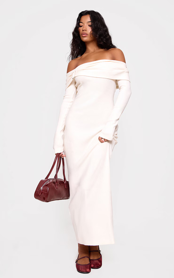 Cream Heavy Brushed Rib Bardot Trim Maxi Dress | Dresses | PrettyLittleThing US