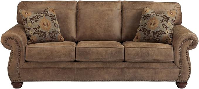 Signature Design by Ashley Larkinhurst Faux Leather Sofa with Nailhead Trim and 2 Accent Pillows,... | Amazon (US)