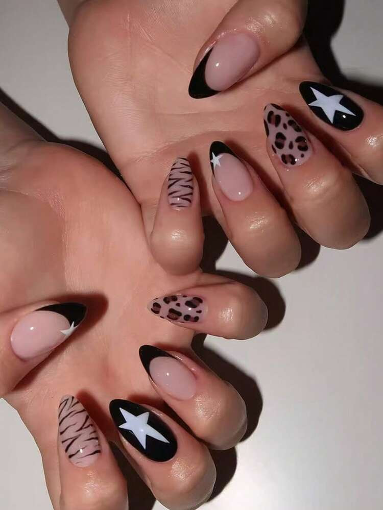 24pcs Almond Leopard Print & Black French Tip Acrylic Nail Stickers, Decorated With Star & Zebra ... | SHEIN