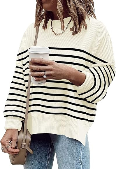 ETCYY Oversized Sweaters for Women Fall 2022 Trendy Crewneck Batwing Long Sleeve Knit Tops Side S... | Amazon (US)
