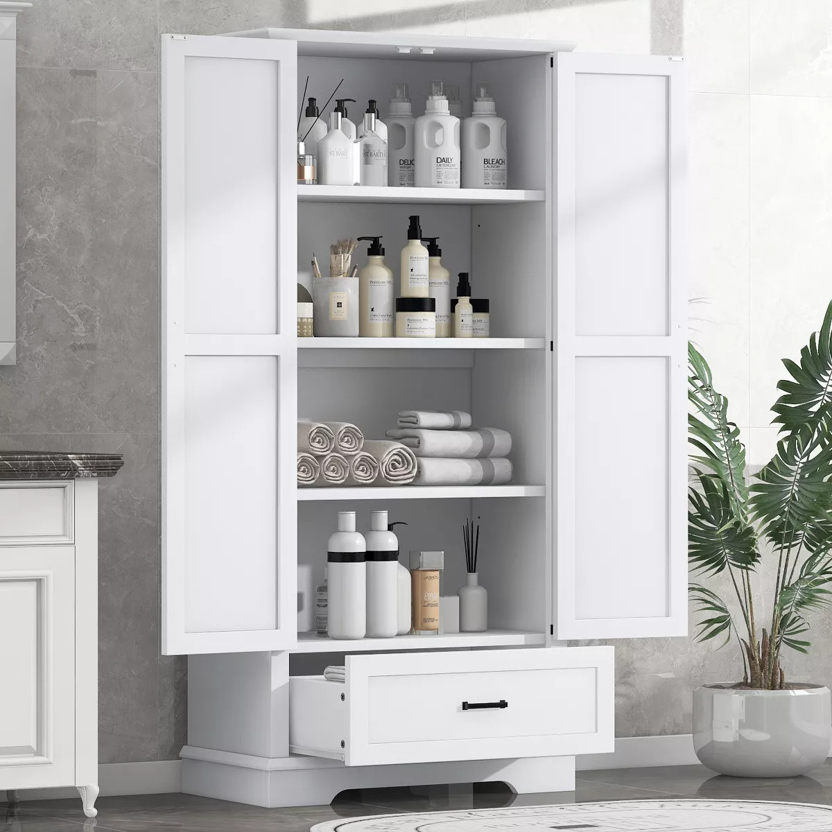 Whisen Tall White Bathroom Storage Cabinet with Black Handles, Double Doors, Drawer and Adjustabl... | Target
