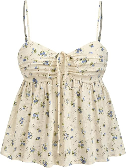 CIDER Floral Print Tie Sweetheart Neck Ruffle Hem Shirred Cami Top Sleeveless Casual Cute Women's... | Amazon (US)