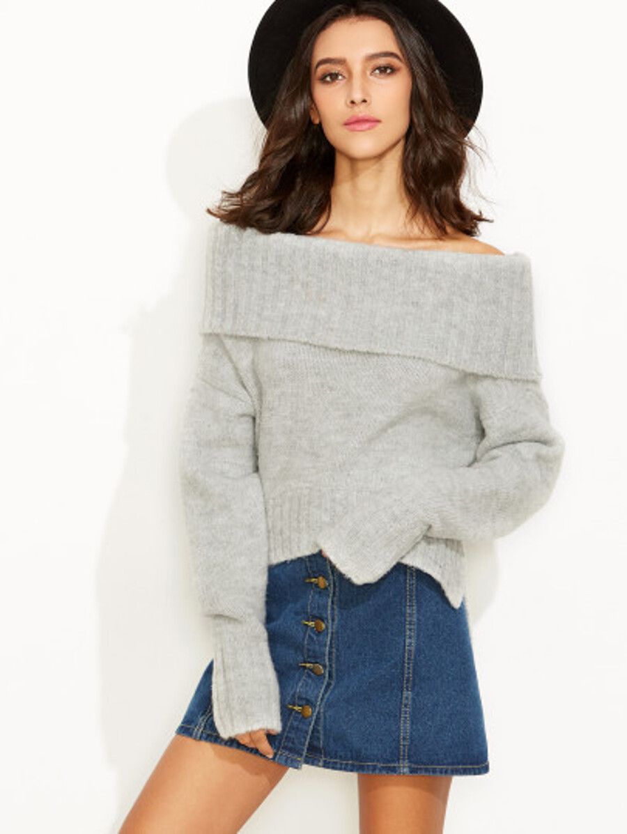 Grey Fold Over Off The Shoulder Slit Sweater | SHEIN