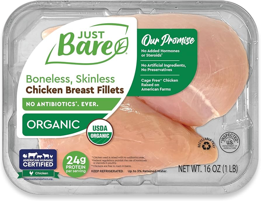 Just Bare® USDA Organic Fresh Chicken Breast Fillets | Antibiotic Free | Boneless | Skinless | 1... | Amazon (US)