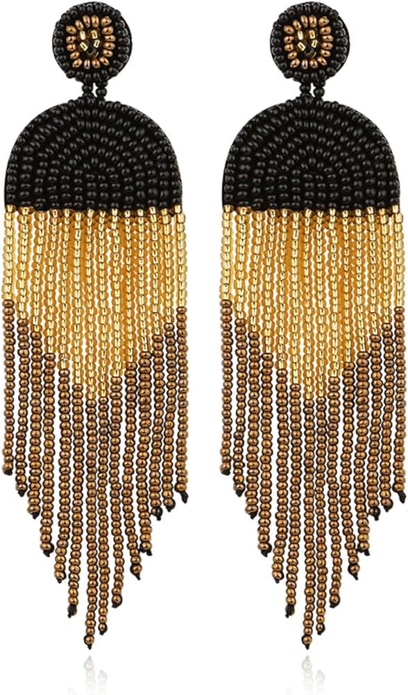 DoreenBow Long Beaded Tassel Earrings Boho Beaded Fringe Earrings Bead Dangle Drop Earrings Nativ... | Amazon (US)