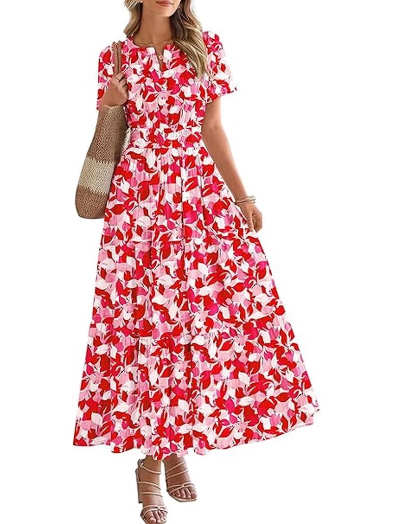 BTFBM Womens Summer Floral Maxi Dresses V Neck Short Sleeve Boho Casual Flowy Long Wedding Guest ... | Walmart (US)