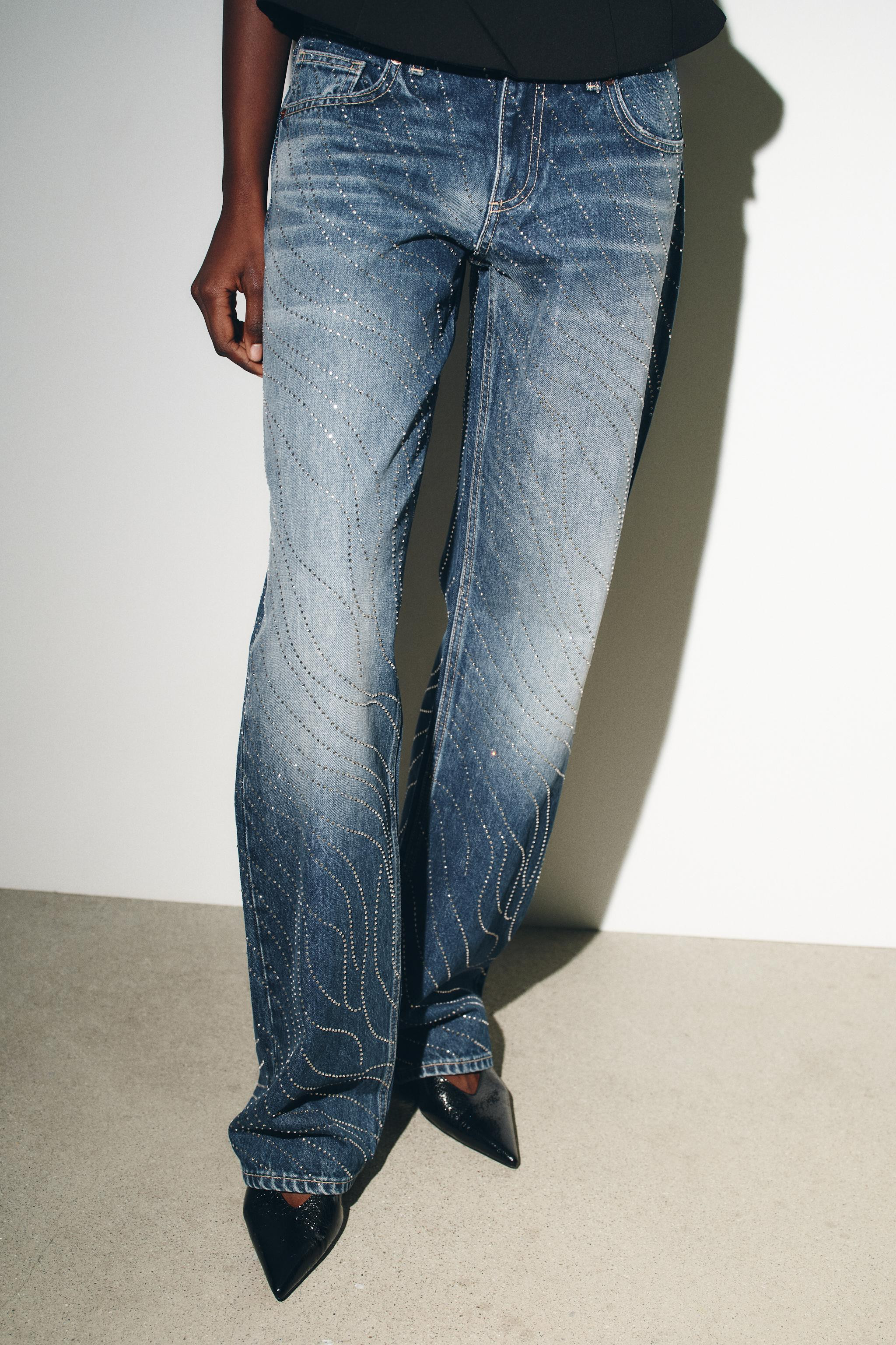 TRF LOW RISE WIDE LEG RHINESTONE JEANS | Zara US