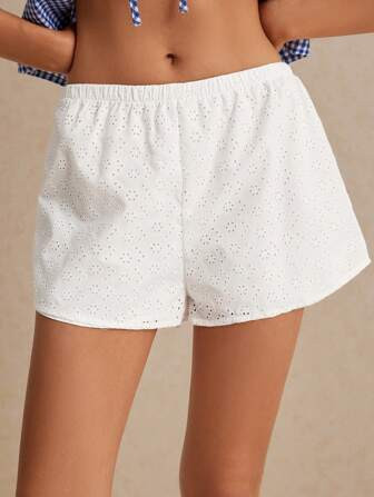 Poéselle Cotton Women's Solid Color Hollow Out Embroidery Elastic Waist Summer Casual White Shor... | SHEIN