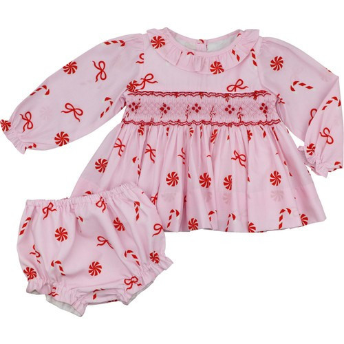 Pink Smocked Christmas Candy Print Diaper Set - Shipping Late November | Cecil and Lou