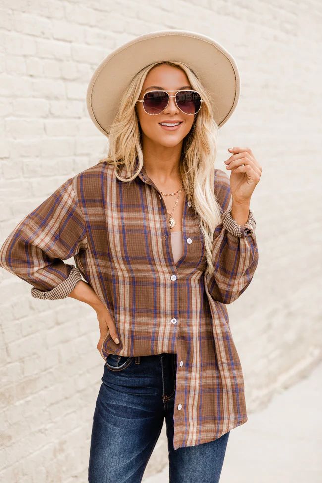 Desert Romance Brown Lightweight Plaid Blouse | The Pink Lily Boutique