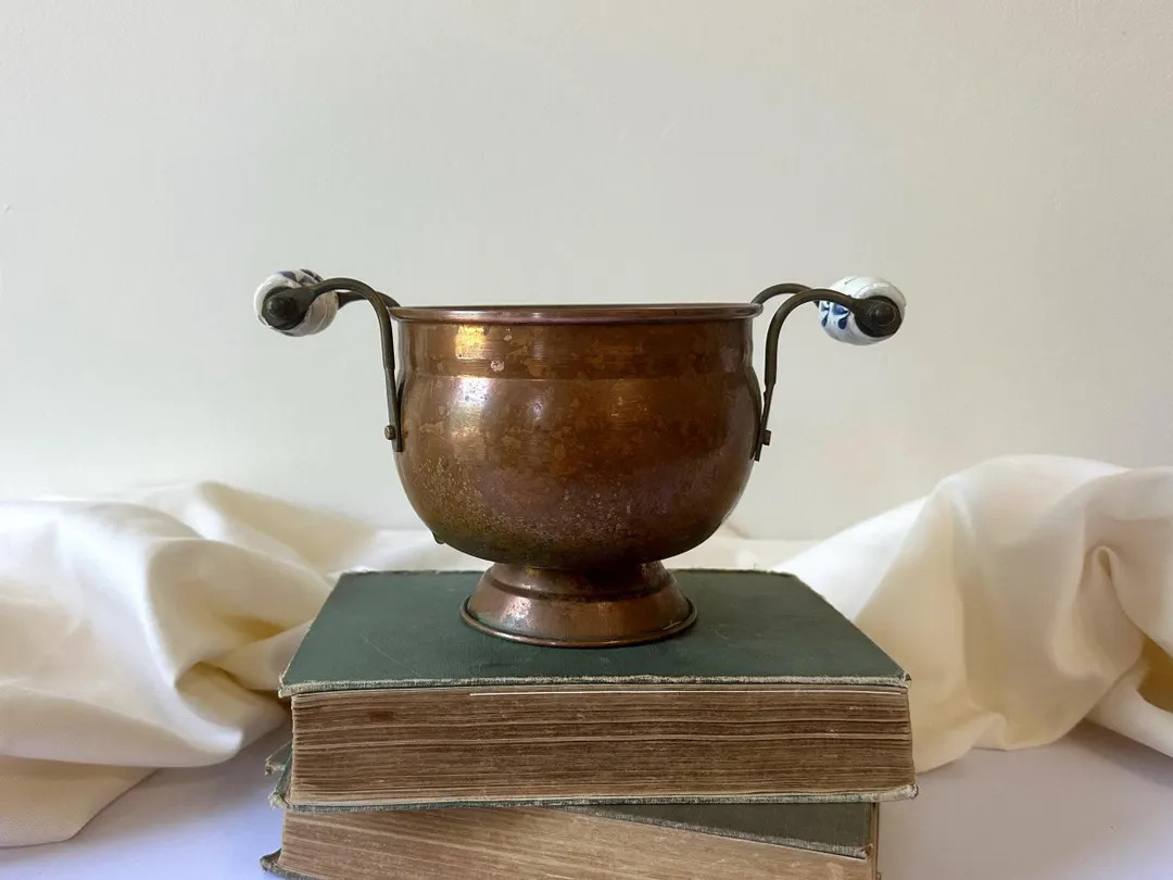 Vintage Copper Decorative Bowl or Planter with Porcelain Handles – Rustic Farmhouse Kitchen Dec... | Etsy (US)