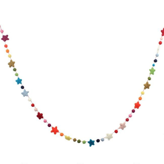Multicolor Felted Wool Star and Pom Pom Garland | World Market