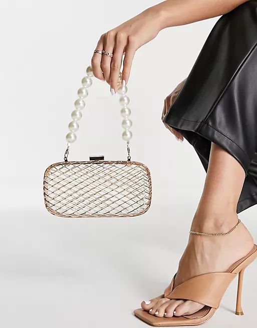 ASOS DESIGN caged clutch bag with pearl beaded handle in gold | ASOS (Global)