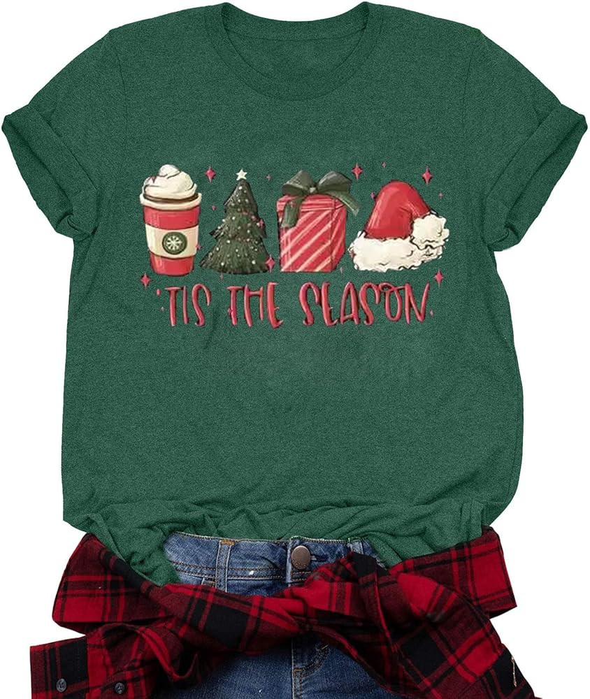 Christmas Shirt Women Tis The Season Winter T-Shirt Coffee Christmas Tree Santa Hat Graphic Gifts... | Amazon (US)