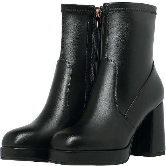 Agodor Women's Square Toe Block Heel Boots Chunky High Heel Side Zipper Ankle Boots (US7, black) | Amazon (US)