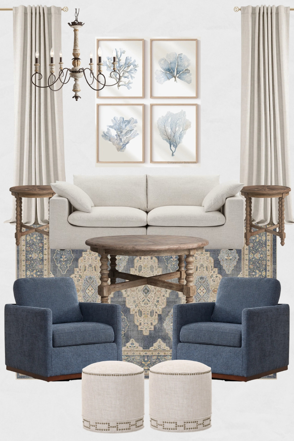 Coastal Farmhouse Living Room Moodboard, Farmhouse Living Room Design Ideas, Blue and Cream Living Room Decor, Farmhouse Coffee Table, Farmhouse Blue Area Rug, Farmhouse Ottomans, Farmhouse Chandeliers

#modernfarmhouse #farmhousechandeliers #farmhousestyle #livingroom #livingroomdecor #livingroomdesign 

 #LTKSpringSale #LTKHome #LTKSaleAlert