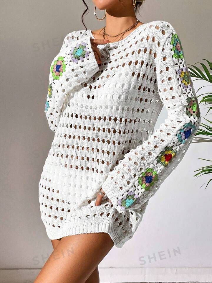 SHEIN Swim BohoFeel Crochet Patchwork Hollow Out Knitted Cover Up | SHEIN