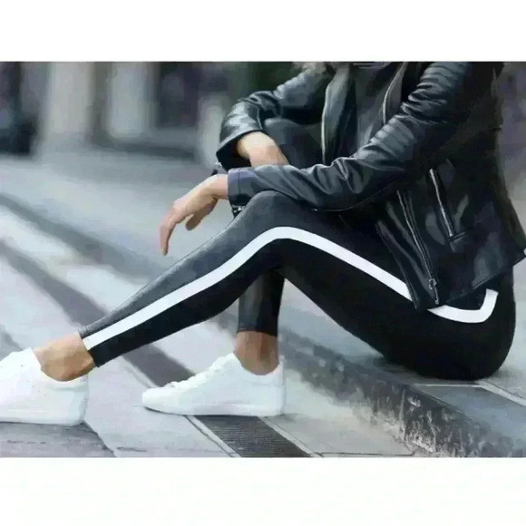 Women’s SPANX faux leather black / white stripe leggings- Size Medium | Poshmark