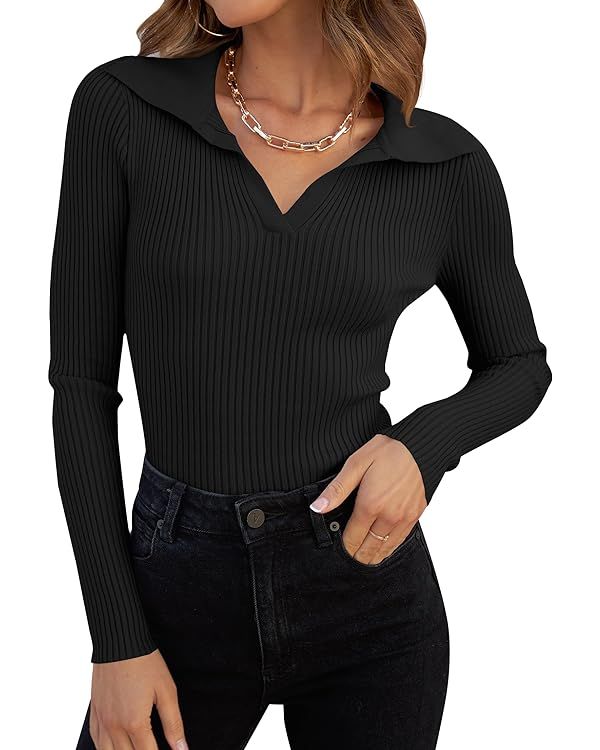 ZESICA Women's 2024 Fall V Neck Shirts Long Sleeve Ribbed Knit Sweater Lapel Slim Fitted Casual B... | Amazon (US)