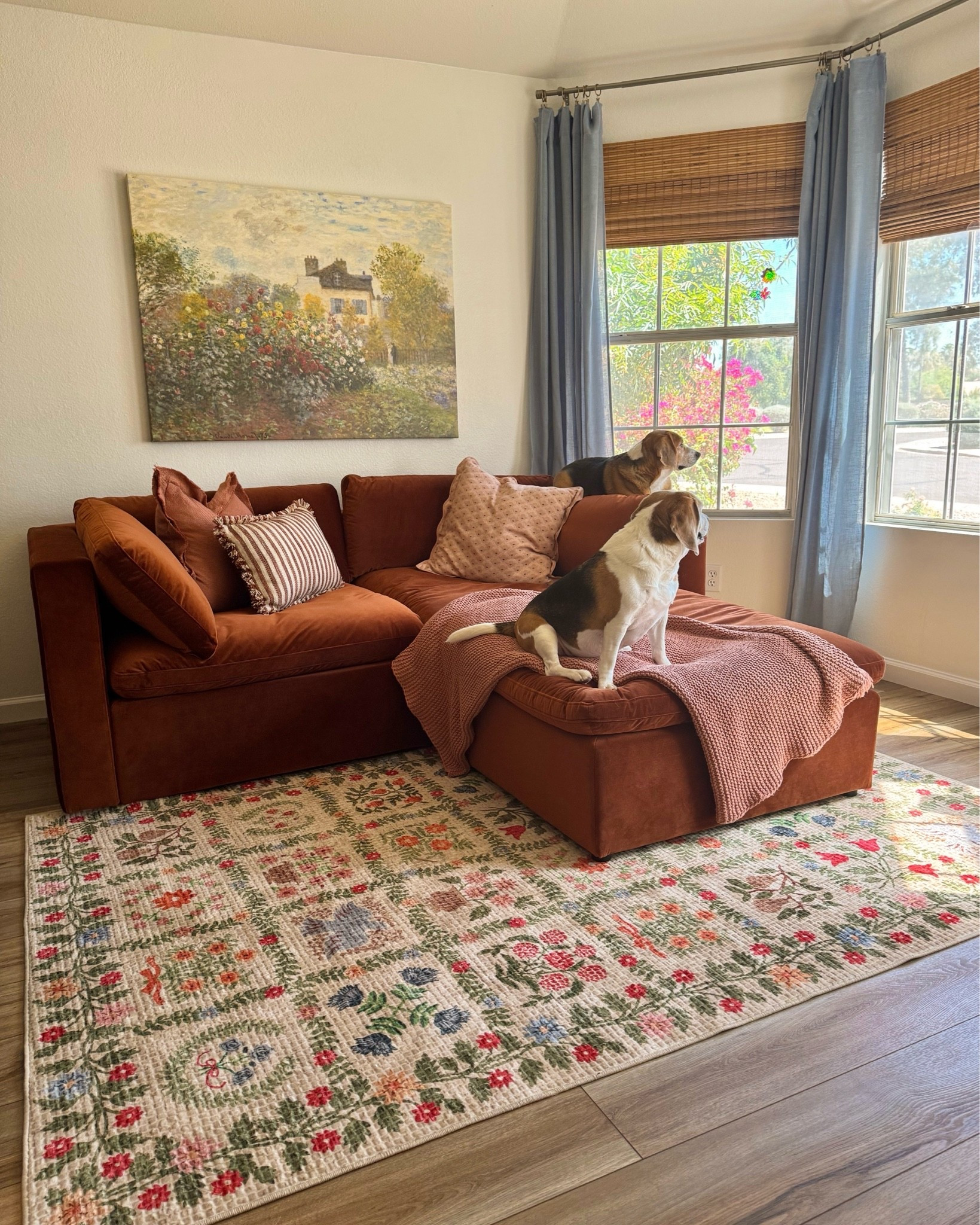 transformed this sitting area to a whimsical & warm space. rust red velvet couch, floral rug, blue linen curtains and monet wall art.

#LTKdayinmylife #LTKHome #LTKSeasonal