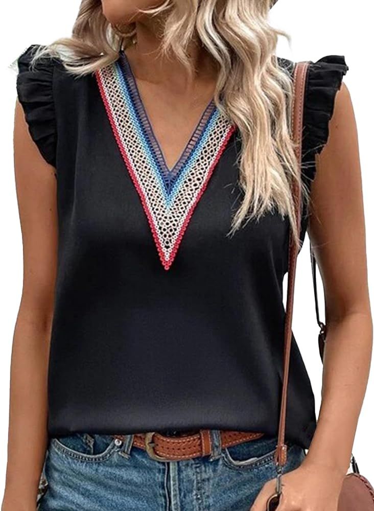 Avanova Women's Ruffle Cap Sleeve Frill Mock Neck Babydoll Blouse Casual T Shirt Tops | Amazon (US)