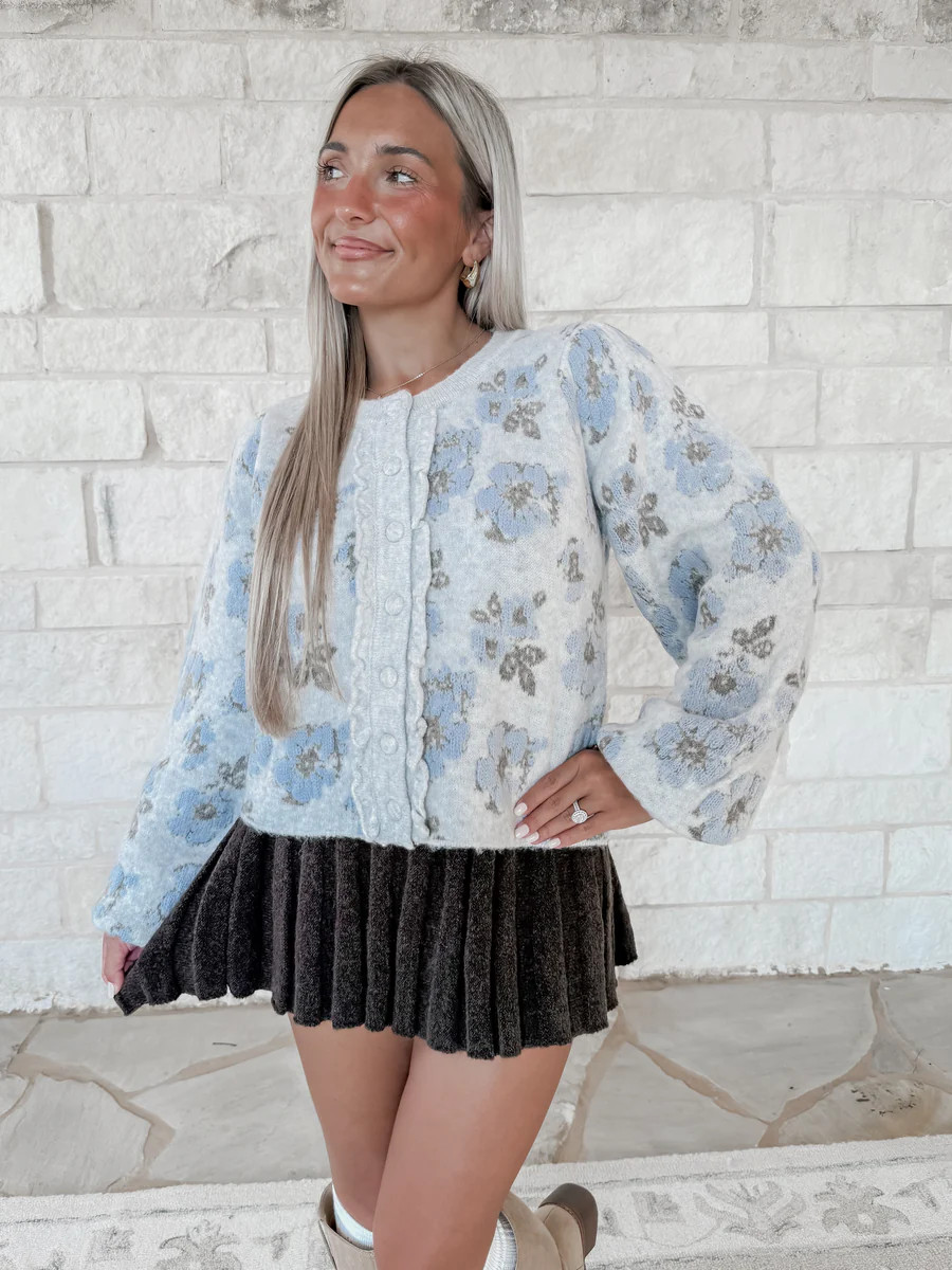 Running Around Jacquard Floral Knit Cardigan- Blue | CK Squared Boutique