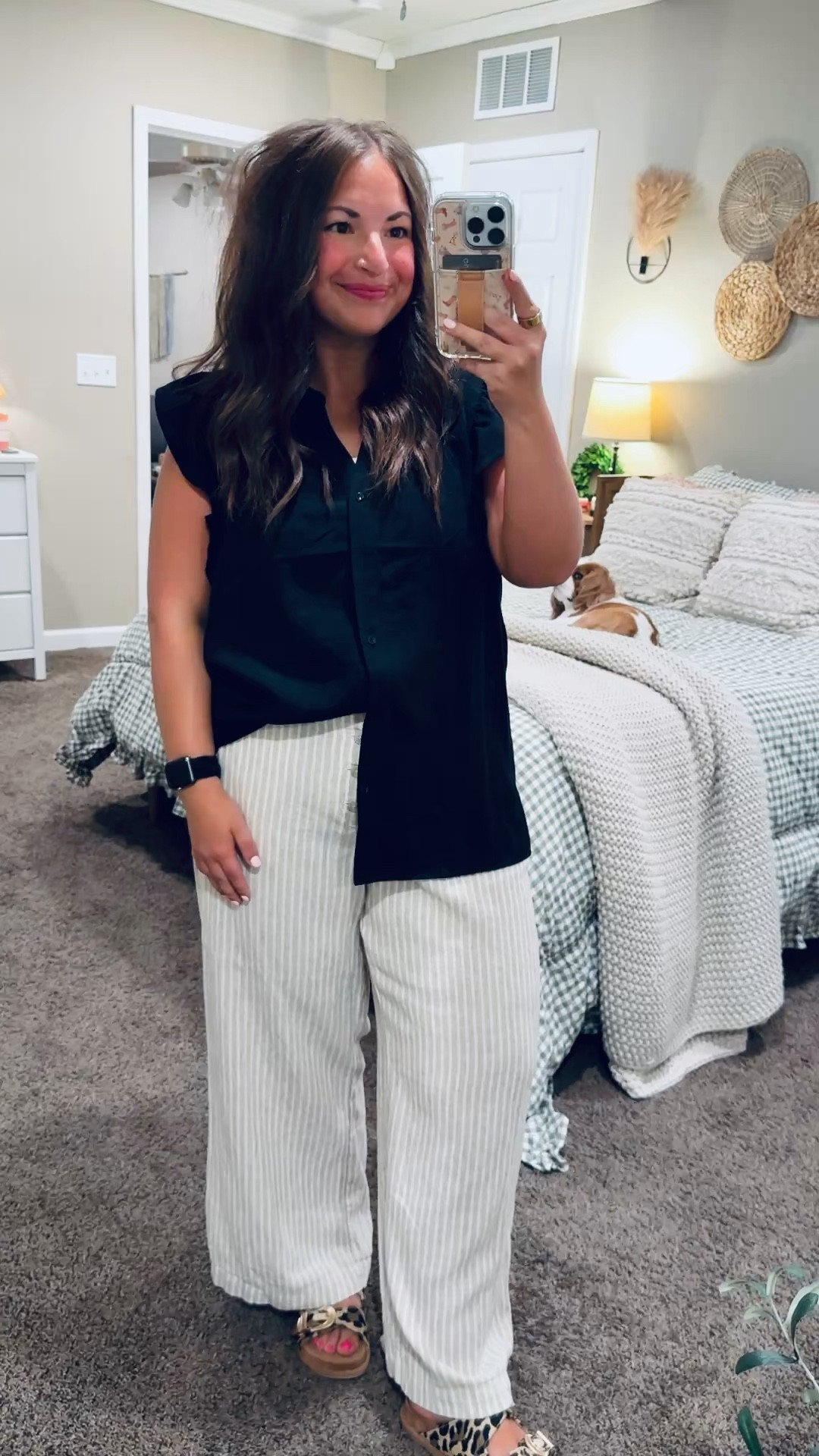 Stripes on repeat 🖤🤍 These striped pants are such an easy statement piece—comfy, flattering, and perfect for dressing up a simple top or keeping things casual.
One of those outfits that looks styled with zero effort 🤍

sandals: fit true to size // wearing a 5
pants: fit oversized // wearing a large
blouse: fits true to size // wearing a large 

 #LTKootd #LTKMidsize #LTKWorkwear