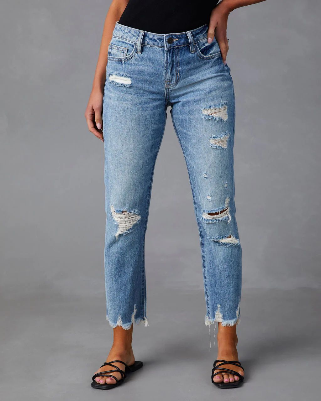 Nila Mid Rise Distressed Boyfriend Jeans | VICI Collection