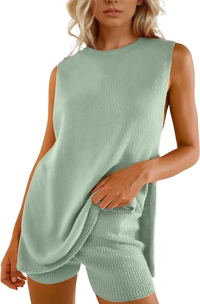 SeekMe Womens Summer Knit Sweater Set Sleeveless Tunic Top Matching Shorts 2 Piece Outfits Trendy... | Amazon (US)