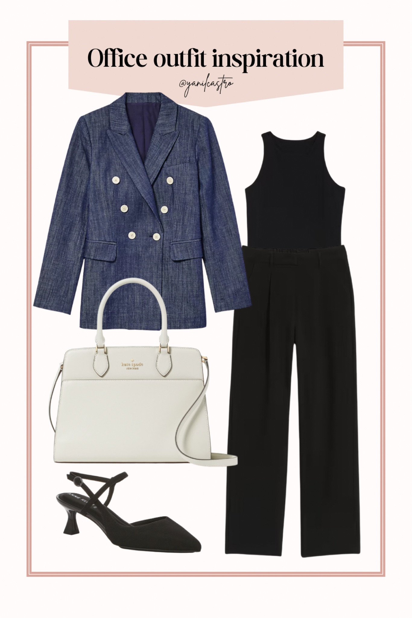 Workwear office outfit inspiration 

Navy blue loft blazer, black old navy trouser pants, black old navy bodysuit, white kate spade purse, black calvin klein pumps 

#LTKfindsunder100 #LTKstyletip #LTKfindsunder50