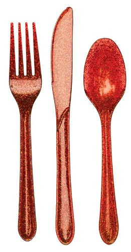 24-Piece Glitz Premium Plastic Cutlery Assortment, Red Glitter | Amazon (US)