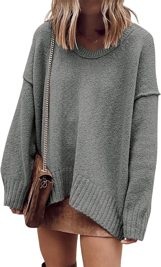 ANRABESS Women's Oversized Casual Loose Slouchy Scoop V Neck Batwing Long Sleeve Knit 2024 Fall P... | Amazon (US)