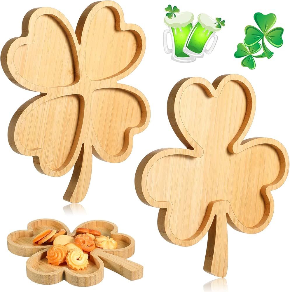 2 Pcs Large Clover Shaped Serving Plates Wooden Shamrock Sectional Serving Tray St Patrick's Day ... | Amazon (US)