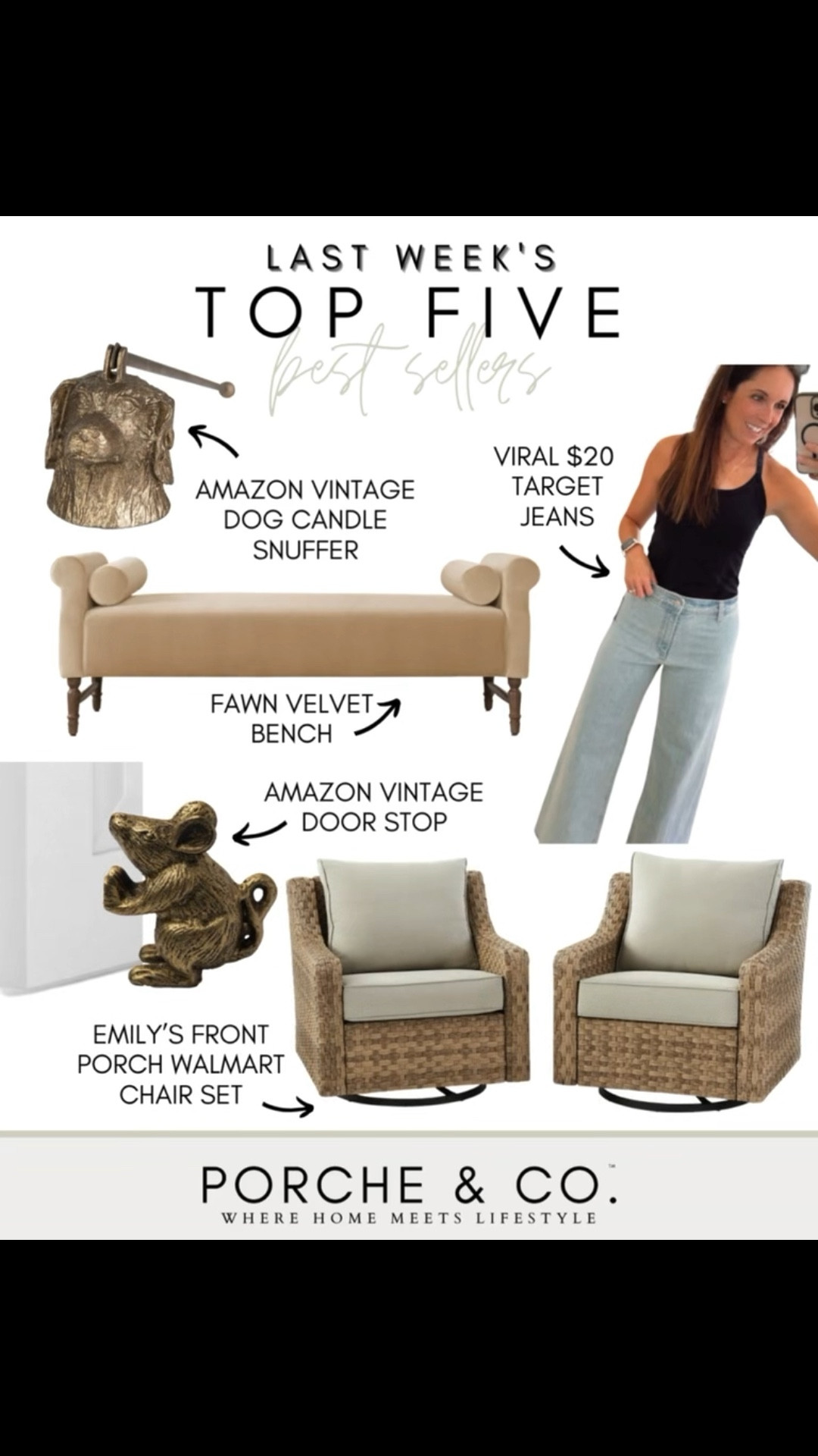 ✨Last Week’s Top 5 Best Sellers✨
You girls really showed up for the vintage + cozy pieces this week 🤍 Here’s what topped the list:

🐶 Amazon Vintage Dog Candle Snuffer – The cutest little accent for your coffee table or mantle (and actually works!).
👖 Viral $20 Target Jeans – Affordable, flattering, and sell out fast.
🛋️ Fawn Velvet Bench – Such a beautiful neutral piece — perfect for the foot of the bed, entryway, or window.
🐭 Amazon Vintage Door Stop – Adds character and charm to any space (and doubles as décor).
🪑 Walmart Chair Set – My front porch favorites and a steal for the quality. So comfy and weather-friendly!

Tap the image to shop before they’re gone!
#porcheandco #LTKhome #bestfinds #amazonhome #targetstyle #homedecorfavorites #fallready #frontporchdecor


#LTKHome #LTKSaleAlert #LTKStyleTip
