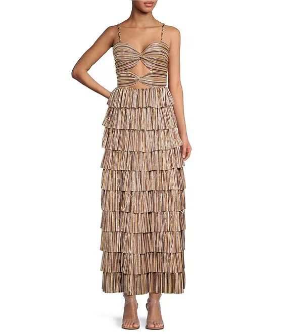 Gianni Bini Grace Metallic Plisse Sweetheart Neck Cut-Out Tiered Dress | Dillard's | Dillard's