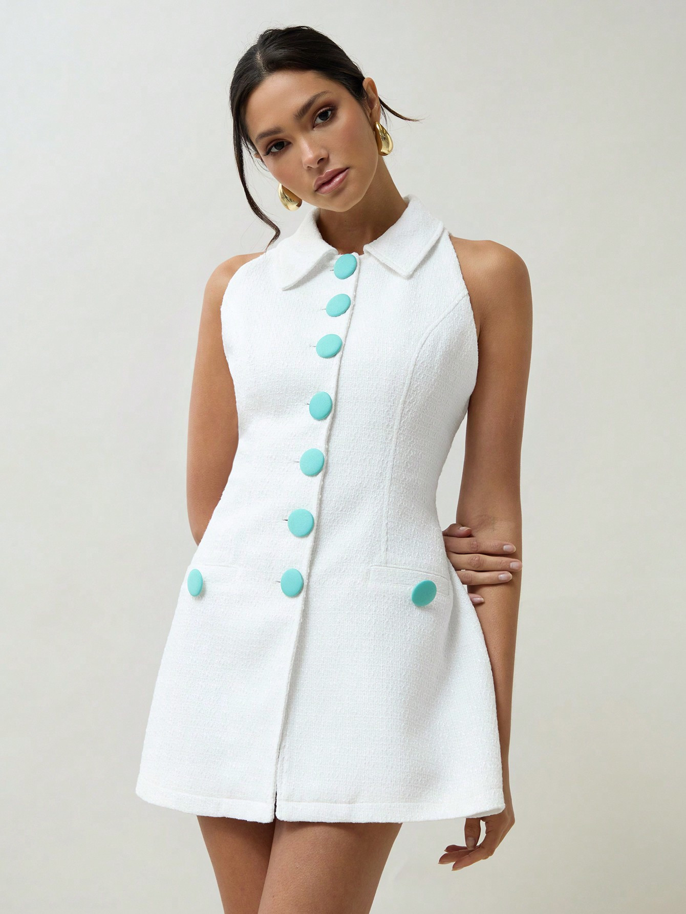 COSMINA Women Summer Elegant White Boucle With Front BigTurquoise Button Long Shirt Collar Sleeve... | SHEIN