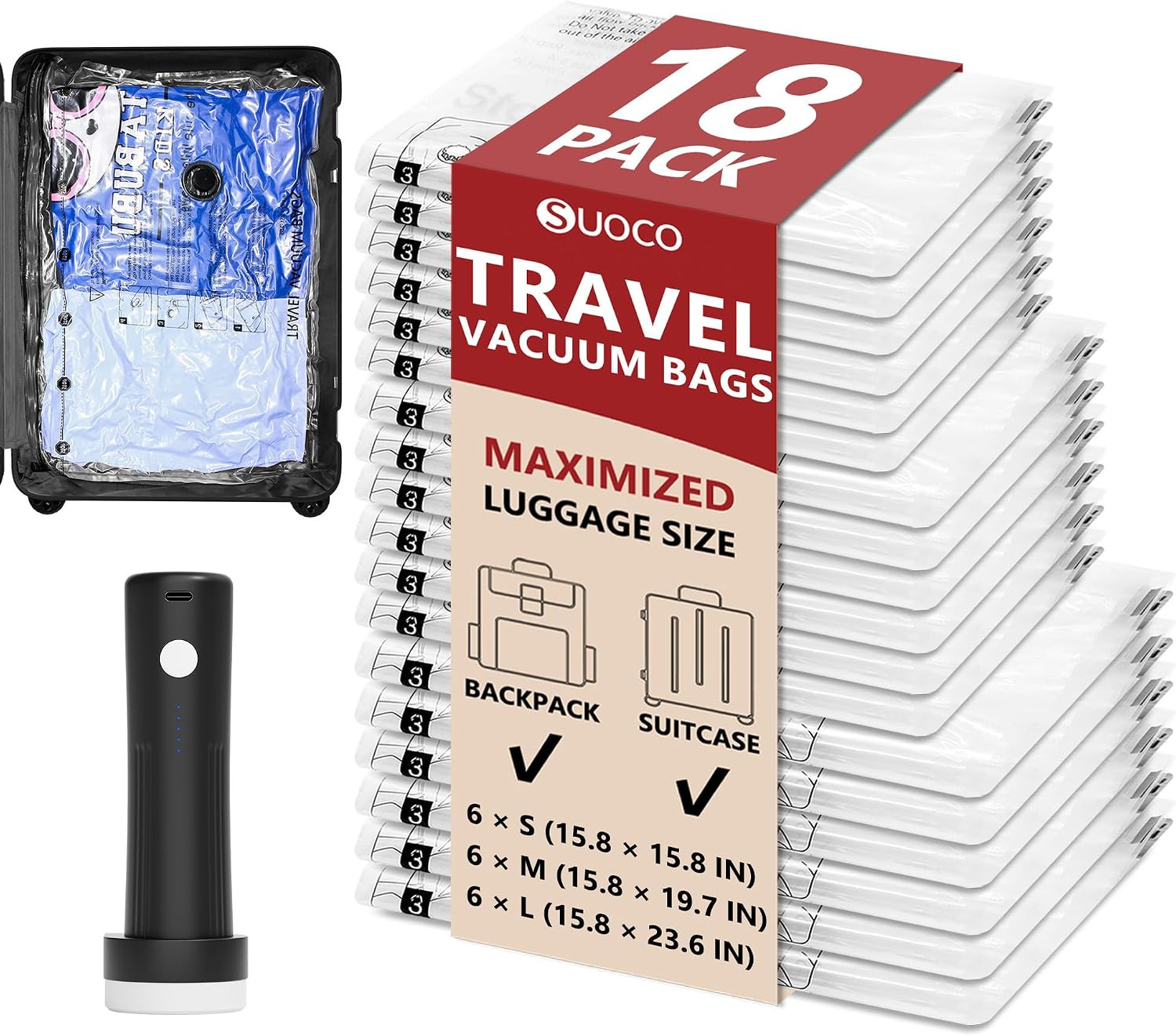 Travel Vacuum Bags for Clothing with Cordless Pump 18 Combo, Clear | Amazon (US)