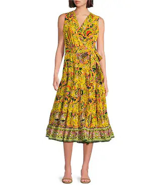 Gibson & Latimer Woven Voile Floral Print Surplice V-Neck Sleeveless Tie Waist Wrap Midi Dress | ... | Dillard's