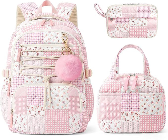 Shirabags 3 Pcs Quilted School Set for Girls, Floral Backpack with Insulated Lunch Bag & Large Pe... | Amazon (US)