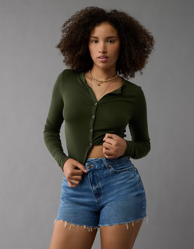 AE Stretch Curvy Crossover Denim Mom Short | American Eagle Outfitters (US & CA)