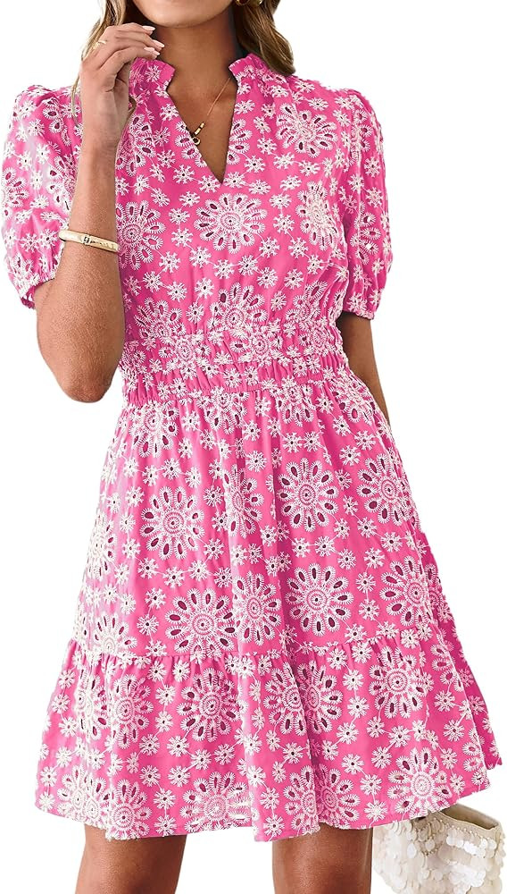 BerryGo Womens Summer Eyelet Mini Dress Beach Casual Embroidery Lace Puff Short Sleeve V Neck Boh... | Amazon (US)